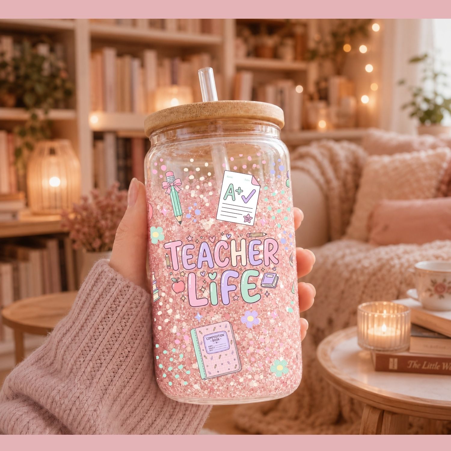 Teacher Life Pastel Glass Can Wrap PNG