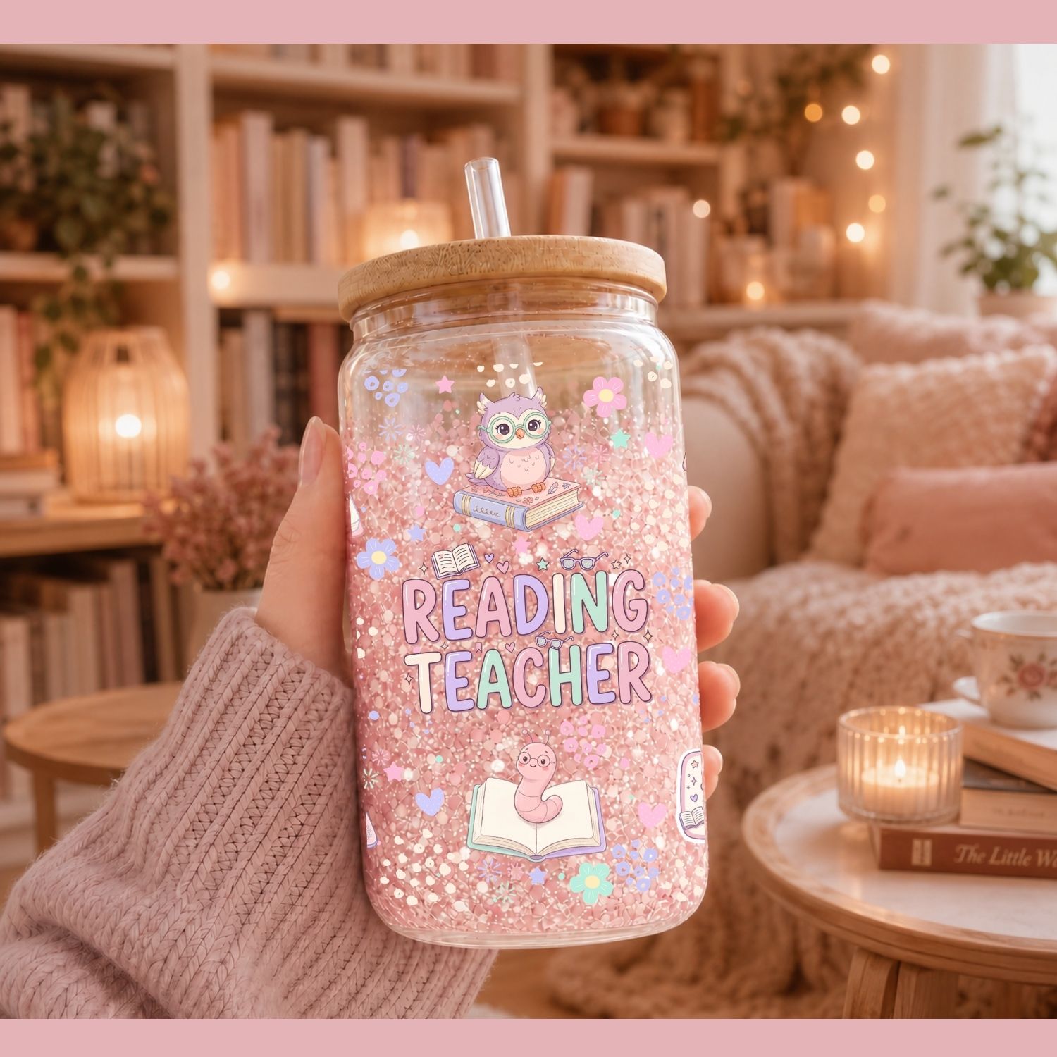 Reading Teacher Pastel Glass Can Wrap PNG