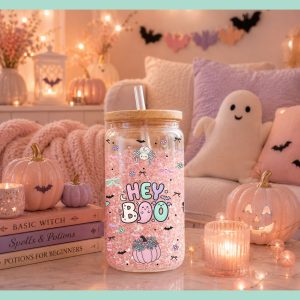 Hey Boo Pastel Halloween Glass Can Wrap PNG