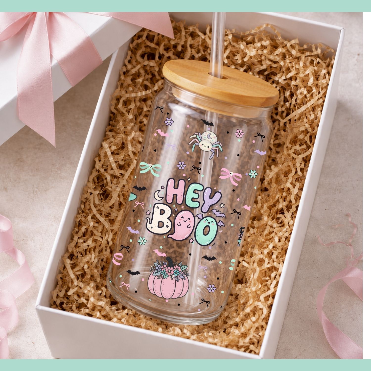 Hey Boo Pastel Halloween Glass Can Wrap PNG - Image 2