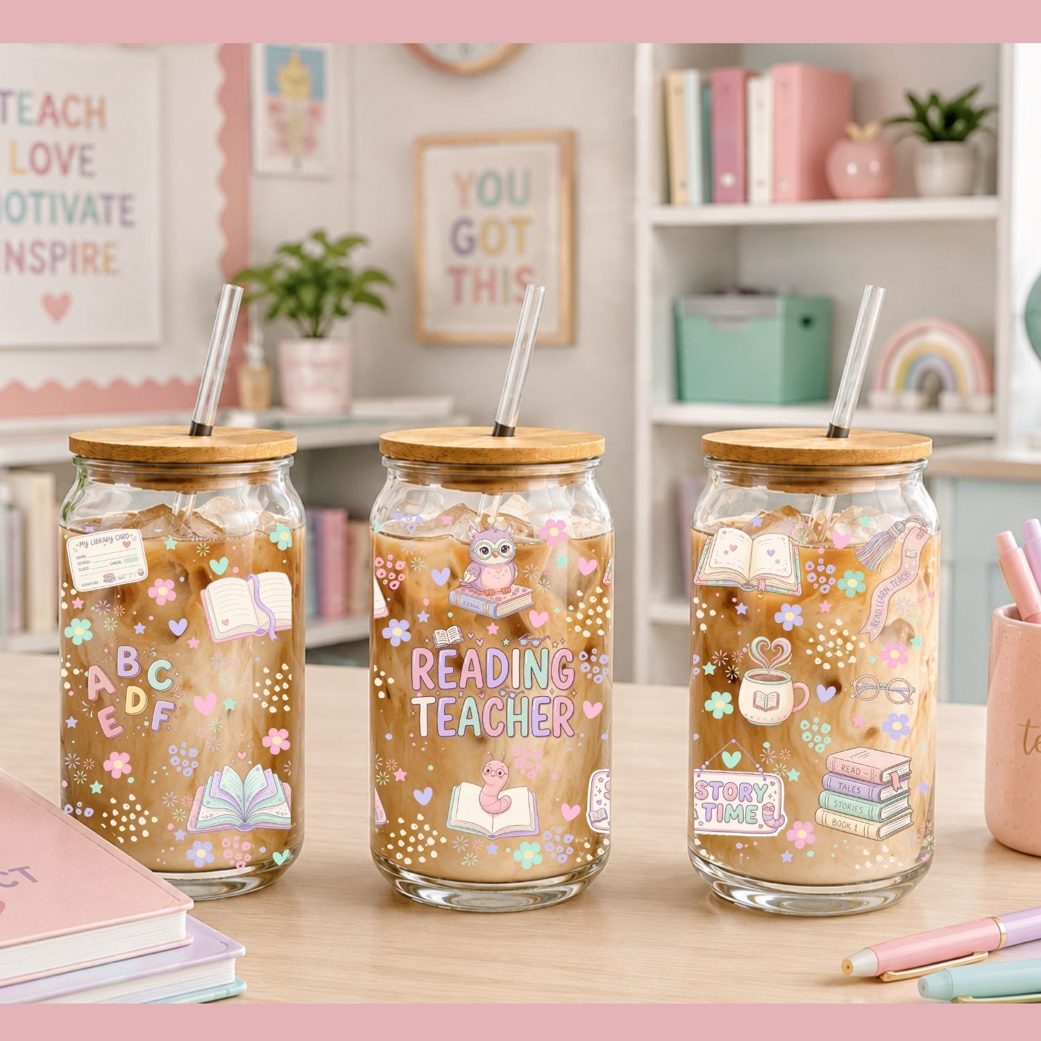 Reading Teacher Pastel Glass Can Wrap PNG - Image 3