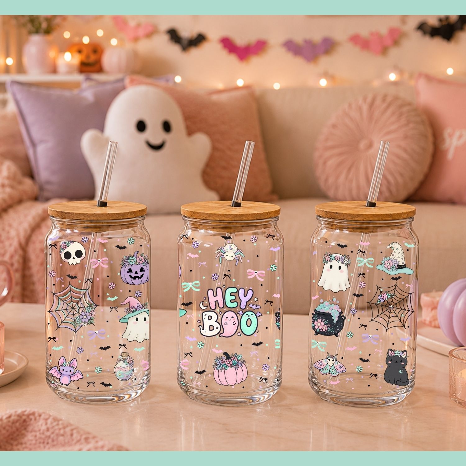 Hey Boo Pastel Halloween Glass Can Wrap PNG - Image 3