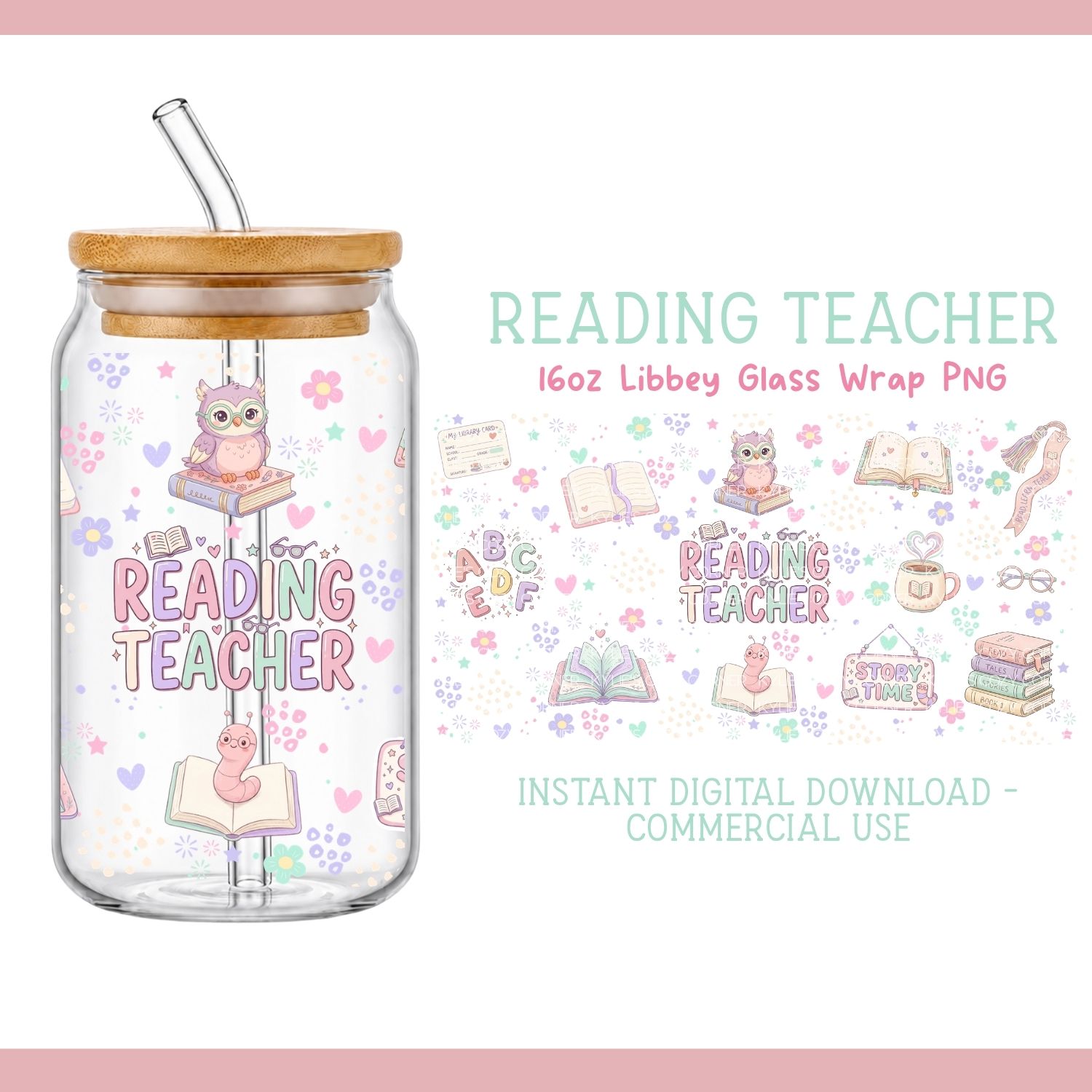 Reading Teacher Pastel Glass Can Wrap PNG - Image 4