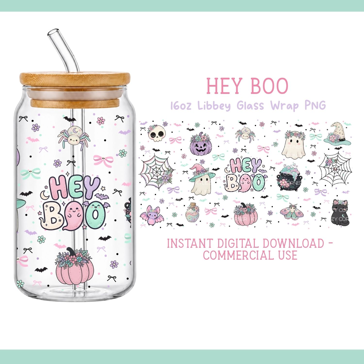 Hey Boo Pastel Halloween Glass Can Wrap PNG - Image 4
